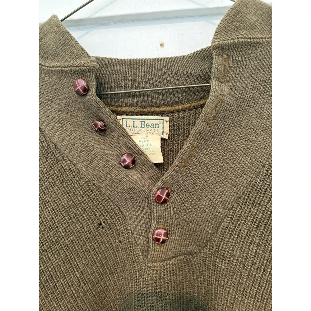 Vintage LL Bean Military Commando Henley Sweater 100% Wool USA Made 80s READ